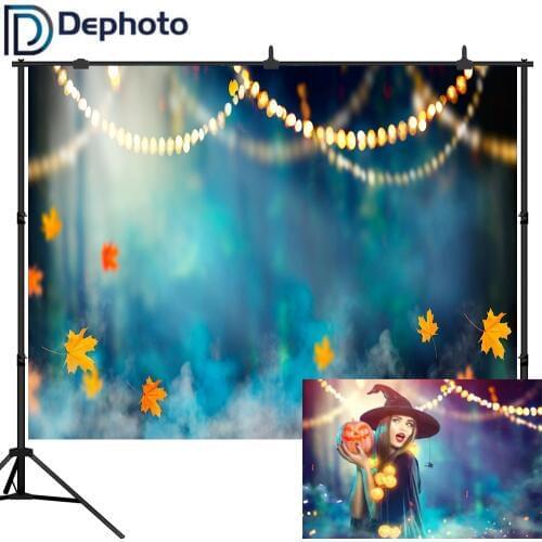 Dephoto Halloween Photography Backdrop Witch Forest Fog Maple Leaf Magic Bokeh Mysterious Horror Night Background Photo Studio