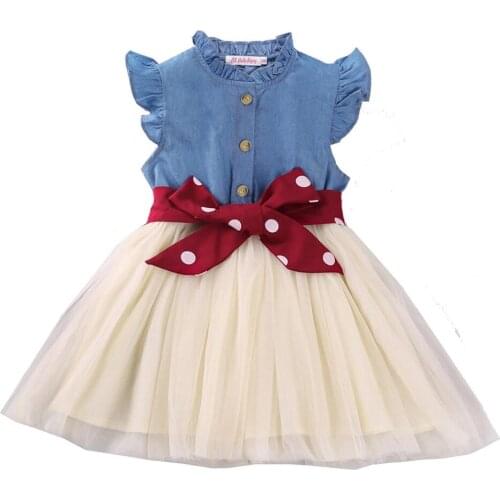 Children Cowboy Dresses For Girls 2021 Spring Summer Flying Sleeve Jeans Splicing Mesh Skirt Birtyday Party Girls Dress Dot Belt