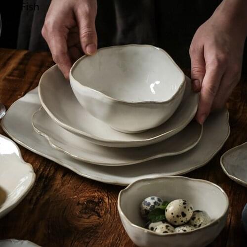 Irregular Ceramic Dinner Plate Steak Sushi Plate Restaurant Ramen Bowl Soup Bowl Creative Tableware Retro Home Kitchen Dish Set