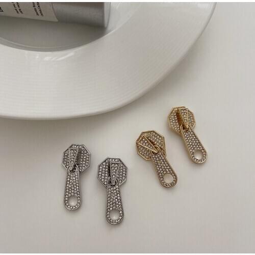 LOVOACC Korean Shiny Rhinestone Zipper Earrings for Women Gold Color Metal Zip Statement Dangle Earrings Unique Party Jewelry