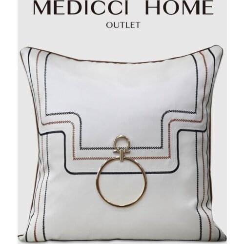 Medicci Home White Cushion Cover Modern Minimalist Lines Embroidery Metal Buckle Decorative Square Pillow Case Luxury Coussins