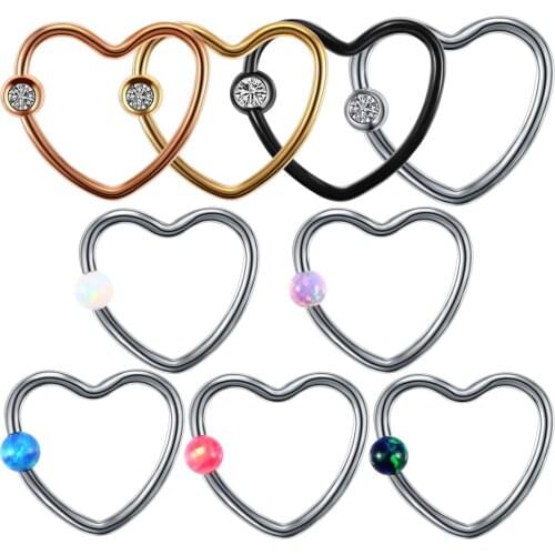 Fashion 1PC Steel&Opal Colorful CZ Crystal Daith Heart Captive Bead Ring Opal Ear Helix Tragus Cartilage Lip Nose Piercing Ring