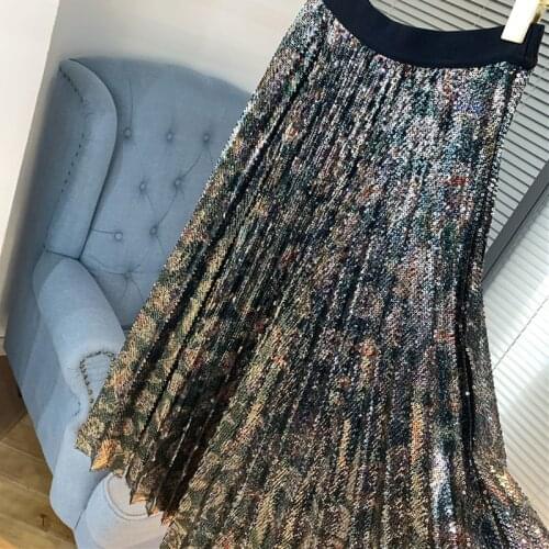 Fashion Luxury Skirt Runway High Quality Designer Waist Elastic Sequined Pleated Party Holiday Casual Skirts