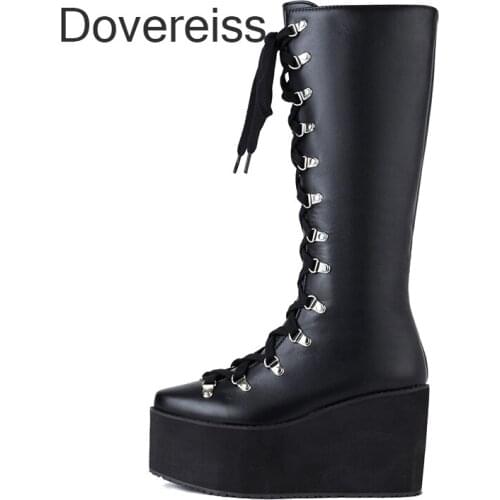 Fashion winter New Sexy Round Toe Waterproof Goth Punk Cross Tied Knee High Boots Ankle Platform Motercycle Boots 45 46