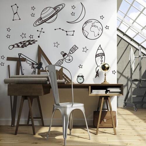 Large Cartoon Astronaut Outer Space Stars Space Rocket Ship Wall Sticker Kids Room Nursery Astronaut Space Wall Decal Playroom