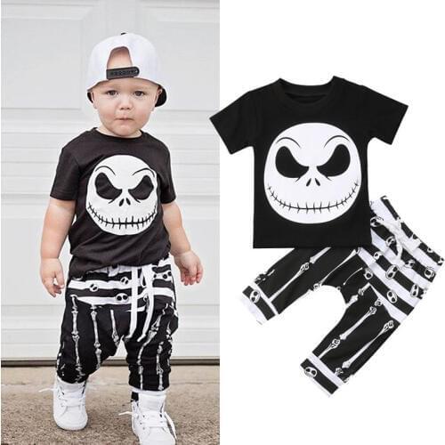 Newly Summer Fashion Causal Toddler Baby Boys Clothes Sets Short Sleeve Cartoon Print Black T-Shirts Tops+Long Pants Outfit 0-3Y