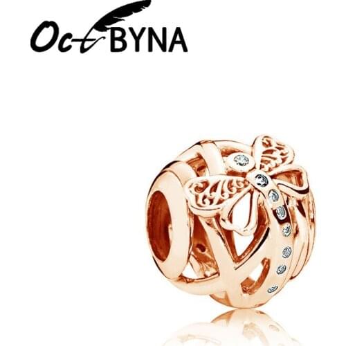 Octbyna Rose Gold Dragonfly Charm Beads High Quality Crystal Hollow Pendant Fits Pandora Bracelet&Necklace Making Jewelry