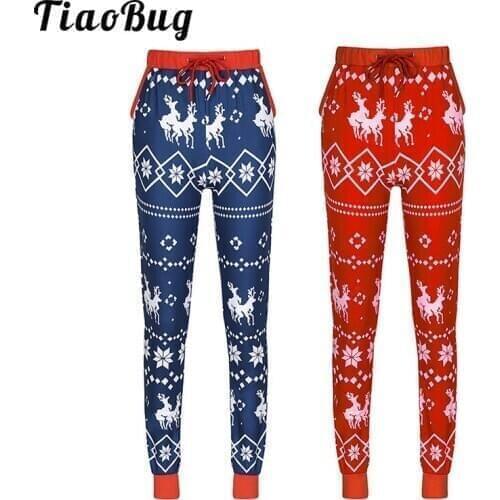 Adult Christmas Clothes Jogger Pants Women Men Elastic Waistband Drawstring Geometric Elk Printed Xmas Costume Trousers Bottoms