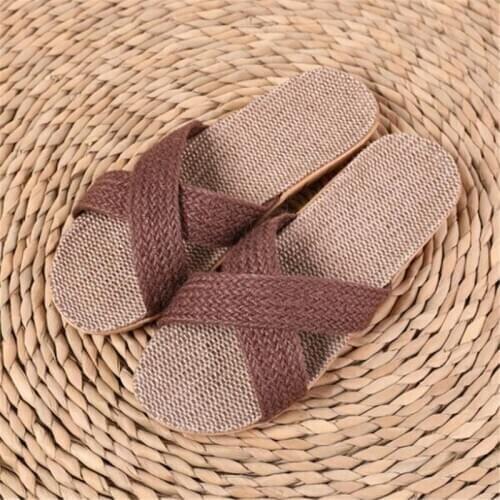 Wholesale Womens/Men Linen Slippers Cross Weave Couple Shoes Ladies/Male Flax Slides Indoor Bathroom Home Flip Flops Man Sandals