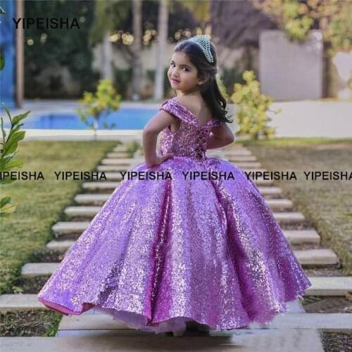 Yipeisha Off-shoulder Purple Flower Girl Dress Ball Gown Sequin Prom Party Gown for Kids First Communion Dresses vestido infanti