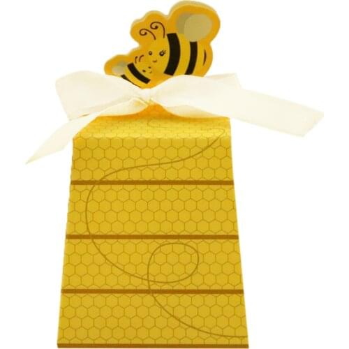 10pcs Yellow Bee Sweet Candy Boxes Kraft Paper Gift Box with Ribbons for Christmas Baby Shower Wedding Birthday Party Supplies