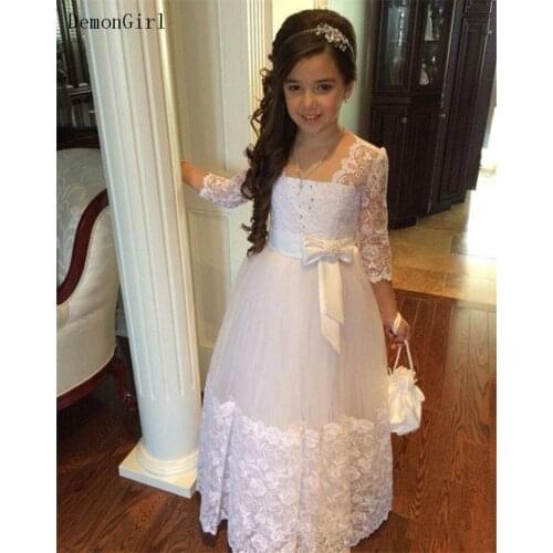 Stunning Flower Girls Dresses For Weddings 3/4 Sleeves Appliques Lace Tulle Junior First Communion Dresses