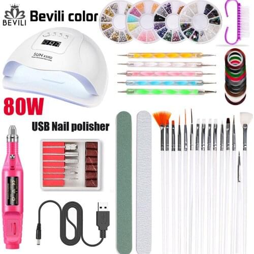 Professional 80W UV Led Lamp Electric Nail Drill Set Decorations Painting Dotting Pen For Nail Art Design Tools Brush Set New