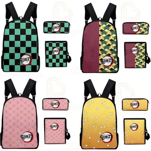 New Backpack Demon Slayer Backpack Three-Piece Oxford Chain Bag Set Backpack Pencil Case for School Gifts