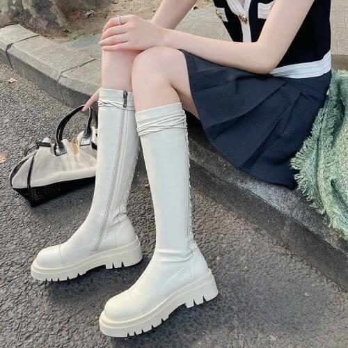 Falajoy Strappy Riding Boots Genuine Leather Lace up Knee High Boots Womens Fall Shoes Winter Fur Boots White Brand Plus size 43