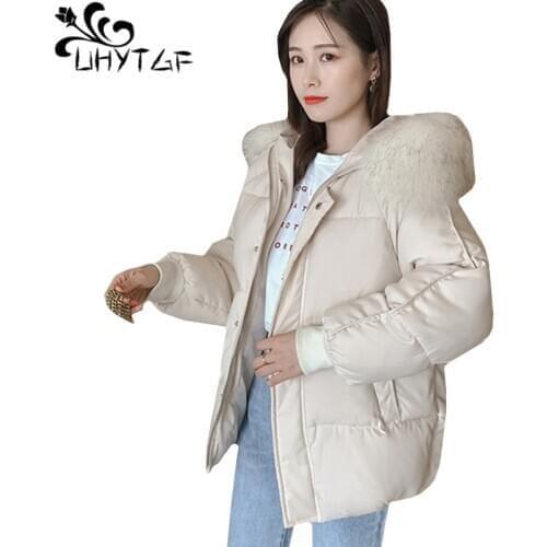 UHYTGF Thicken warm winter jackets woman 2020 fashion fur collar hooded warm woman parkas Korean down jacket plus size coat 1033