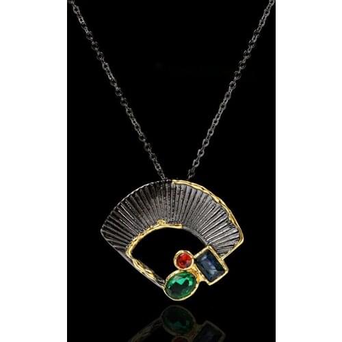 Unique Fashion Ginkgo Leaf Fan-shaped Black Gold Color Zircon 925 Silver Pendant Necklace Lady Jewelry Party Gift