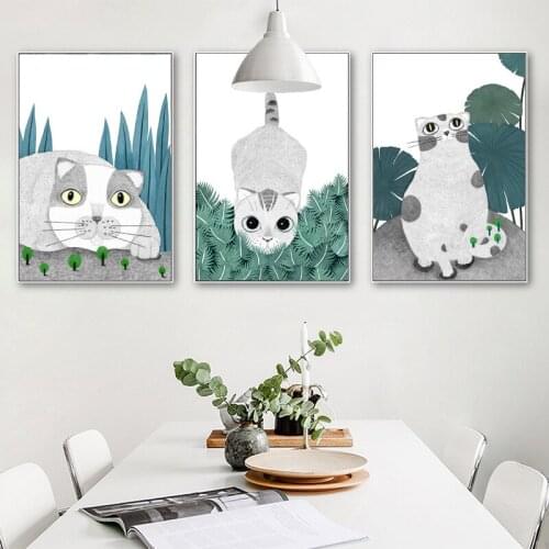 Cut Cat In The Grass Nordic Living Room Decoration Canvas Painting Sofa Background Animal Print Wall Pictures for Living Room