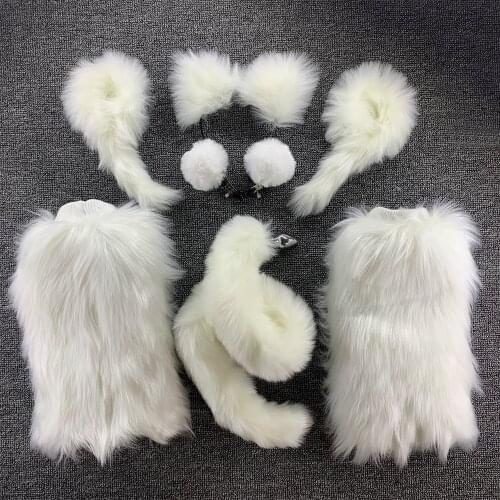 White Fox Tail Ear Cosplay Costumes Bdsm Sex Kits Sex Products Butt Plug Wrist Handcuffs Leg Ankle Cuffs Headband Nipple Clamps