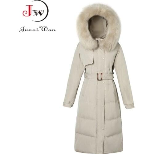 Women Solid Winter Long Padded Parka Coats Fashion Office Lady Loose Fur collar Hooded Jacket With Pocket Belt Outerwear Tops
