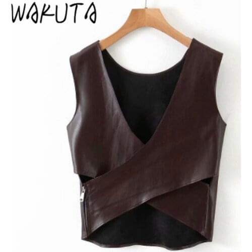 WAKUTA Women Street Fashion PU Faux Leather Irregular Hem Zipper Waistcoat 2020 Vintage Stylish Vest Female Outerwear Chic Tops