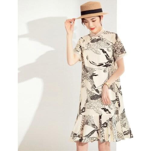 White silk printed black crane floral qipao collar dress women summer long work boho office sexy party luxury dresses plus size
