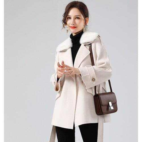 Winter Ladies Wool Coat With Real Fox Fur Collar Belt Thickening Jacket Camel Outerwear Womens Streetwear