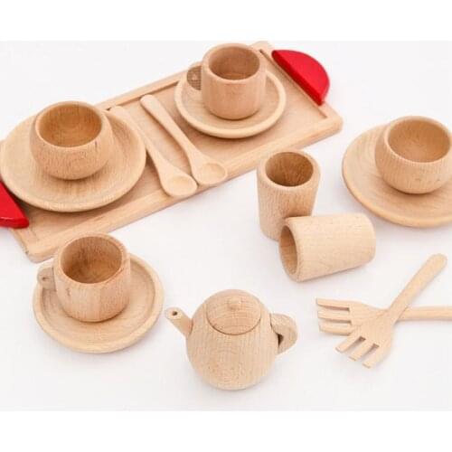 1Set Wooden Tableware Tools Tea Pot Tea Cup Teatime Party Play Toy Dollhouse Miniature Kitchen Tableware Accessories for
