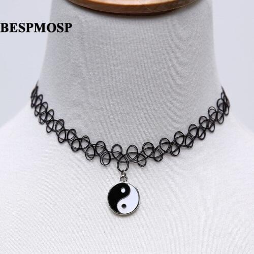 Bespmosp 24PCS/Lot Wholesale Black Gothic Choker Necklace Stretch Elastic Collar Women Girls Statement Jewelry Yin Yang Pendant