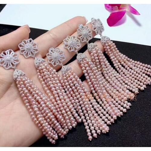 Noble jewelry a pair 3-4 mm Japanese AKoya pink white pearl crystal zircon earring 925 Sterling Silver