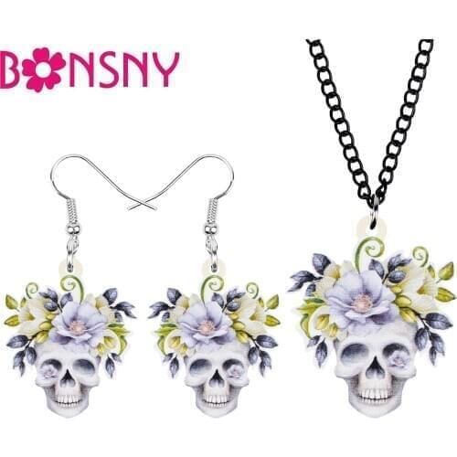 Bonsny Acrylic Halloween Flower Skeleton Skull Jewelry Sets Big Earrings Necklace For Women Kids Lover Fashion Gift Accessories
