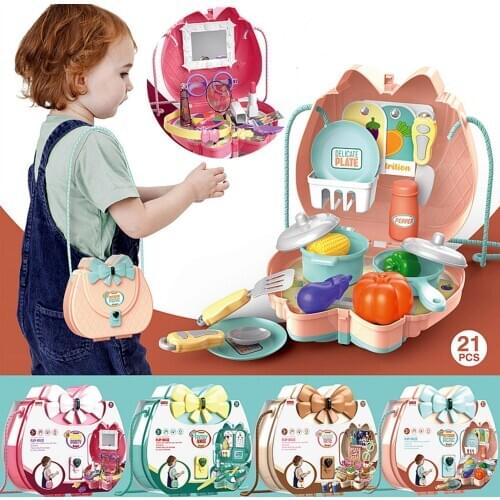 Kids Simulation Kitchen Tableware Makeup Dessert Dental Tool Set Backpack Box Simulation Kitchen Model Kids Educational Toys