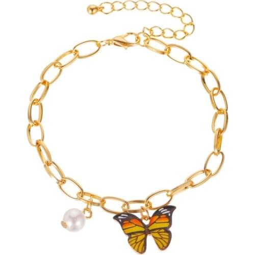 Simulated Pearl Red Yellow Blue Purple Butterfly Hollow Circles Thick Chain Golden Alloy Bracelets For Women
