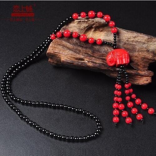 Chinese Cinnabar Elephant Jade beads Necklace Charm Jewellery Fashion Lucky Sweater chain Man Woman Amulet Gifts