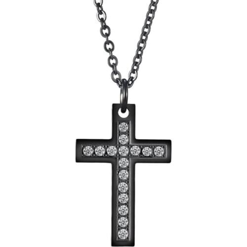 Stainless Steel Black Cubic Zirconia Cross Christ Religious Men Pendant Necklace Jewelry Gift For Him with Chain