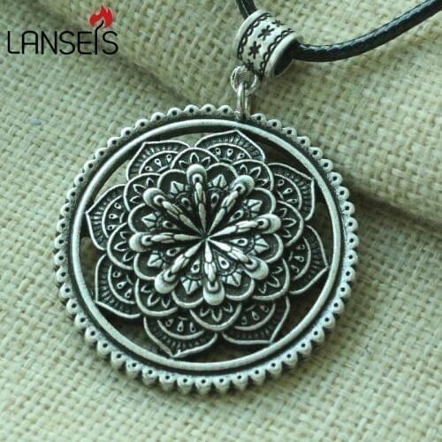 Lanseis 1pcs Boho Style Lotus Mandala pendant Mandalas Path Gati women necklace geometry amulet pendant Tribal Gypsy Jewelry