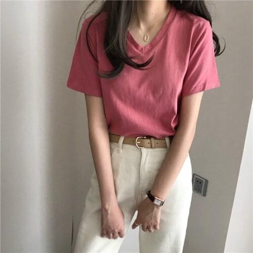 Summer womens 100% cotton T-shirt tops girls casual solid color loose short sleeve V-neck all-match tees female clothes