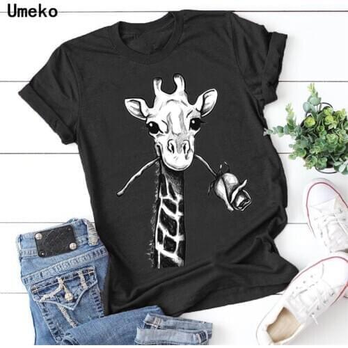 Summer Chic 2020 Giraffe and Rose Print T Shirt for Women O-Neck Short Sleeve Tees Tops Burgundy Casual Tshirt S-5XL Plus Size