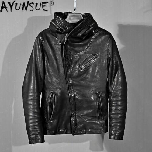 AYUNSUE 2020 New Genuine Leather Jacket Men Clothes 100% Real Sheepskin Coat Vintage Motorcycle Jacket Man Hooded Slim Fit KJ