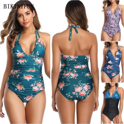 2020 New Sexy Deep V Monokini Women Floral Swimsuit Tummy Control Swimwear S-2XL Girl Backless Halter Beachwear One Piece Suit