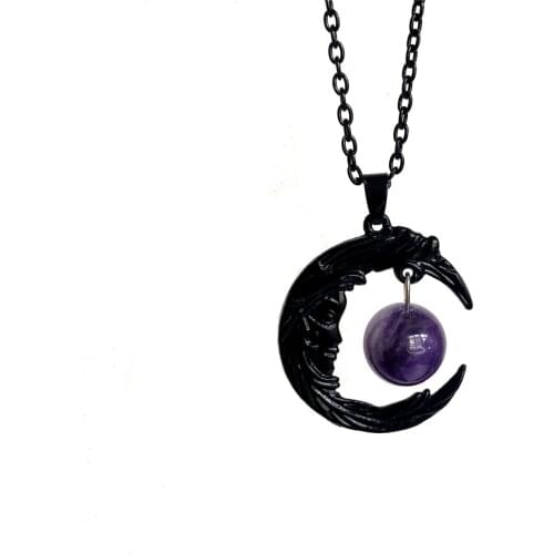 Purple Crystal Moon Necklace Crescent Moon Jewelry Dark Style Gothic Stone Pendant Magic Wiccan Witch Style Macabre Amulet