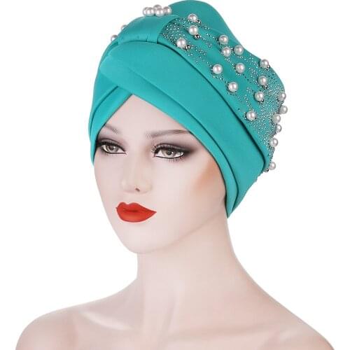 HanXi Luxury Polyester Pearl Turban Hijabs Bonnet with Drill Rhinestone Women Muslim Wrap Head Scarf Warm Chemo Hat for Lady