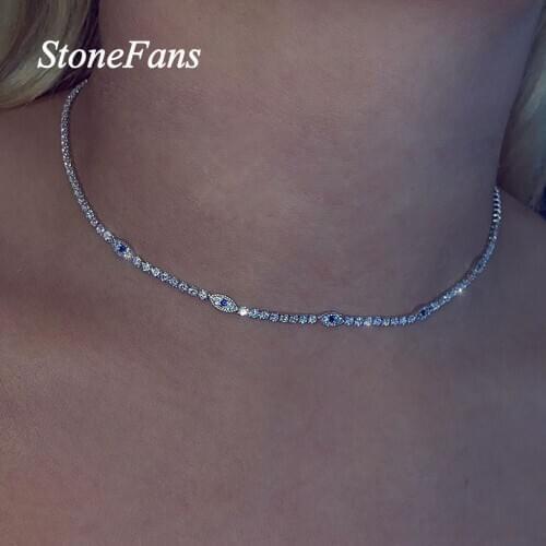 Stonefans Fashion Blue Evil Eye Necklace Rhinestone Choker for Women Bohemian Simple Chain Necklace Silver Color Jewelry Gift