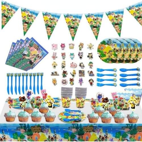 Animal Crossing Party Supplies Childrens Birthday Decoration Disposable Tableware Pull Flag 7''9''Paper Plate Cup Napkin Hat