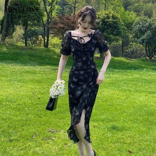 Vintage Bodycon Sexy Midi Dress Women French Elegant Hepburn Black Evening Dresses Korean Irregular Design Y2k Split Dress 2021