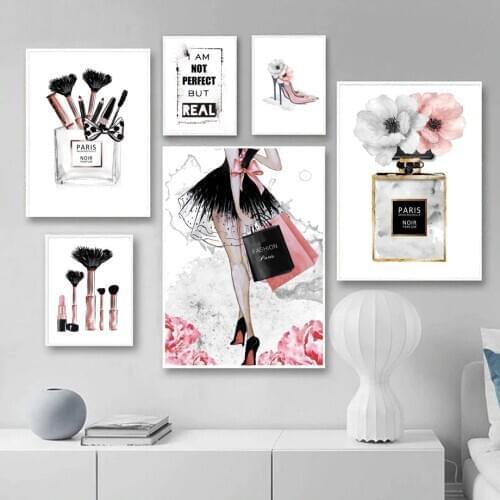 High Heels Makeup Brush Perfume Flower Wall Art Canvas Painting Nordic Posters And Prints Wall Pictures For Living Room Decor