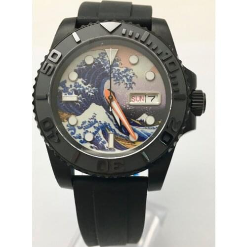 40mm Japan NH35 Watch Week Calendar Display Kanagawa Strong Luminous Dial Sapphire Glass Automatic Men Watch Rubber Strap
