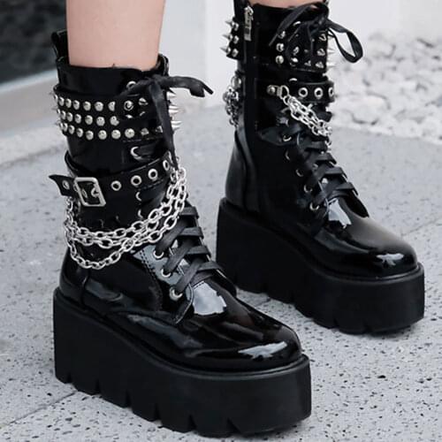 For Dropship Female Motorcycle Boots Square Heel Square Toe Zip Black Ankle Boots Platform Comfy Street Jungle boots Woman Shoes