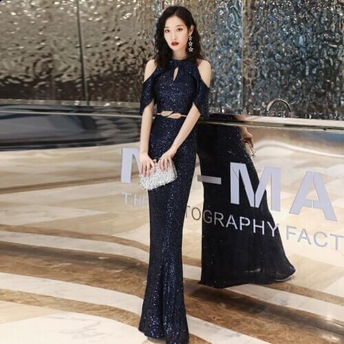 2020 New Women Sequined Party Long Dresses Halter Mermaid Evening Dress Ladies Solid Sexy Robes Elegant Formal Gows with Belt