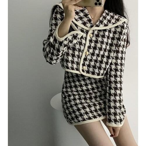 2020 Autumn New Women Casual Two-Pieces Set Short Jacket Mini Skirt Sexy Sweet Elegant Female Office Lady Vintage Houndstooth
